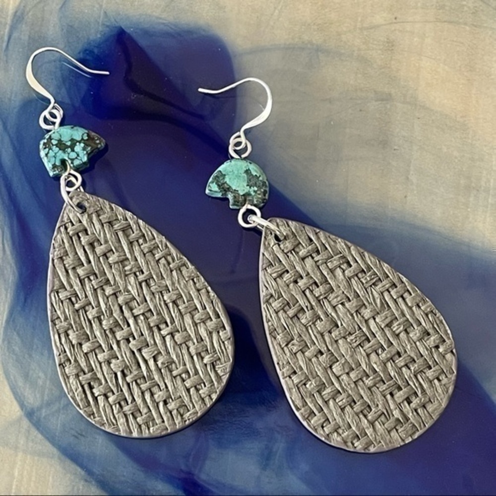 2/$29 Handmade Turquoise Bear Textured Weave Teardrop Earrings 3.25” Western